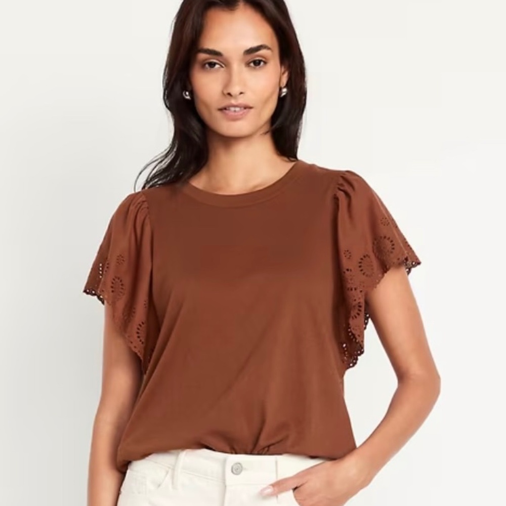 NEW WOMENS OLD NAVY Cutwork-Sleeve Mixed Fabric Top CHESTNUT BROWN SMALL TALL